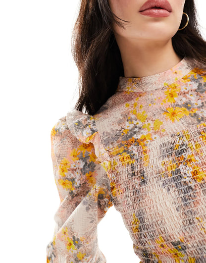& Other Stories high neck long sleeve blouse with frill shoulder and volume sleeves in floral print