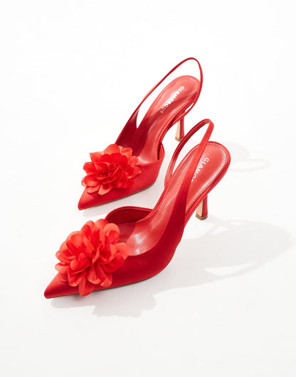 Glamorous slingback heeled shoes with flower in red