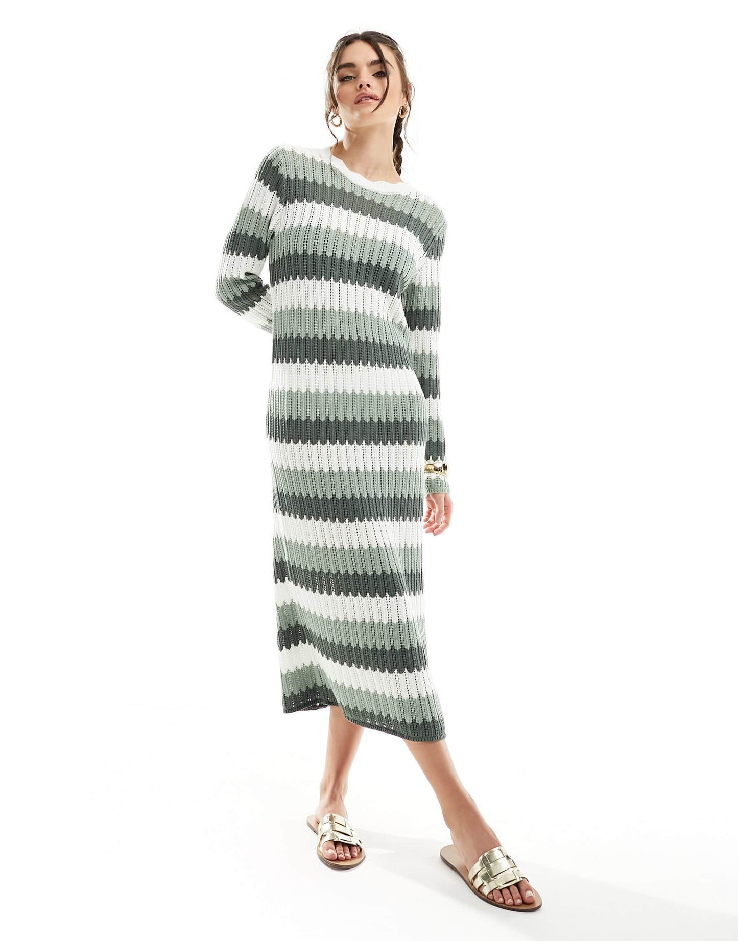 Object crochet knit maxi dress in sage green multi stripe