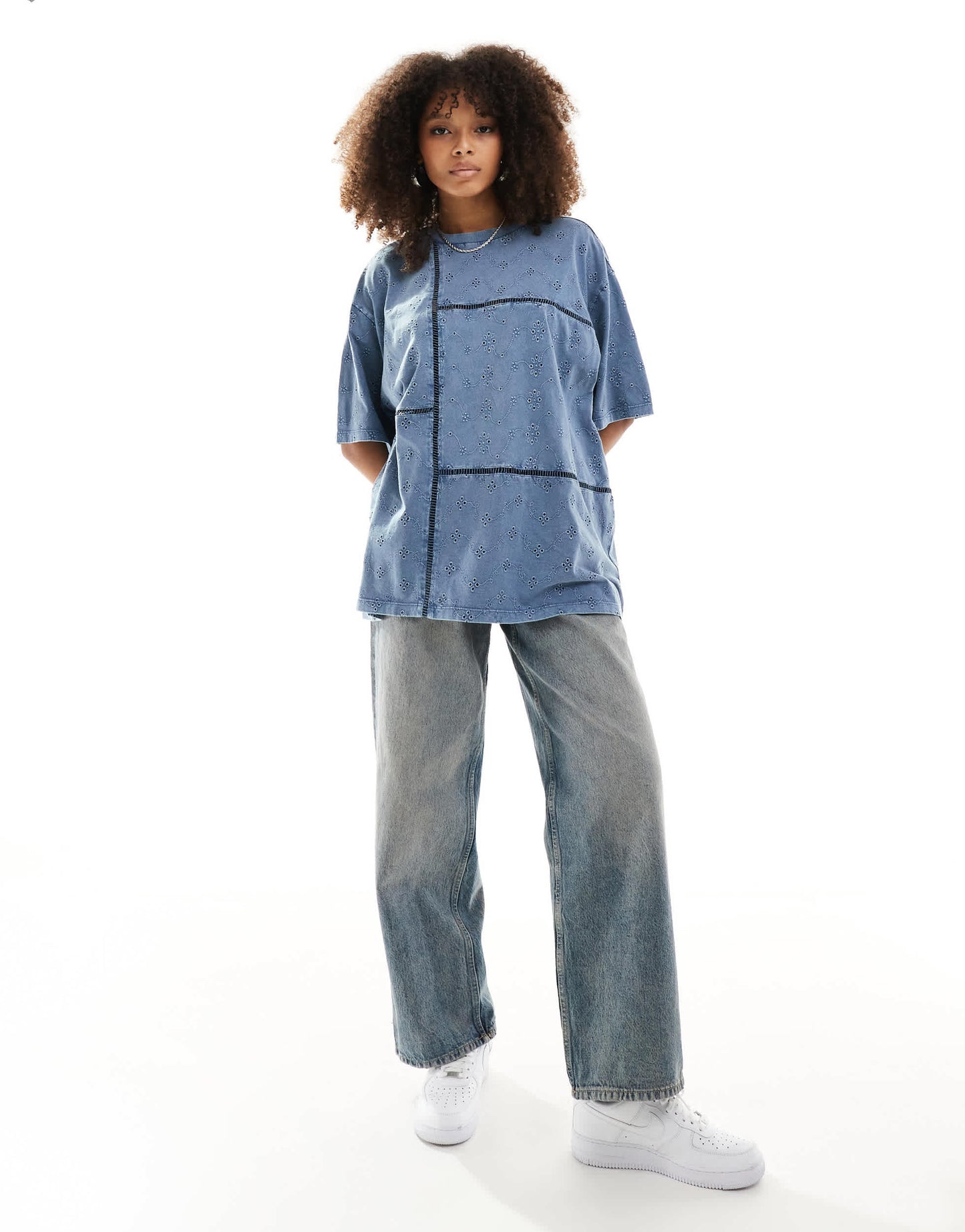 ASOS DESIGN broderie patchwork oversized T-shirt in washed blue