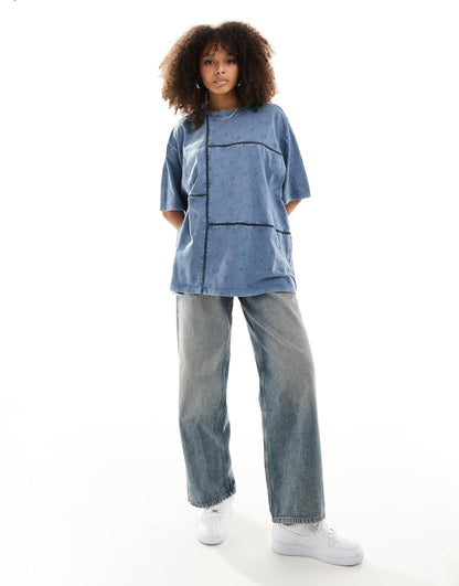 ASOS DESIGN broderie patchwork oversized T-shirt in washed blue