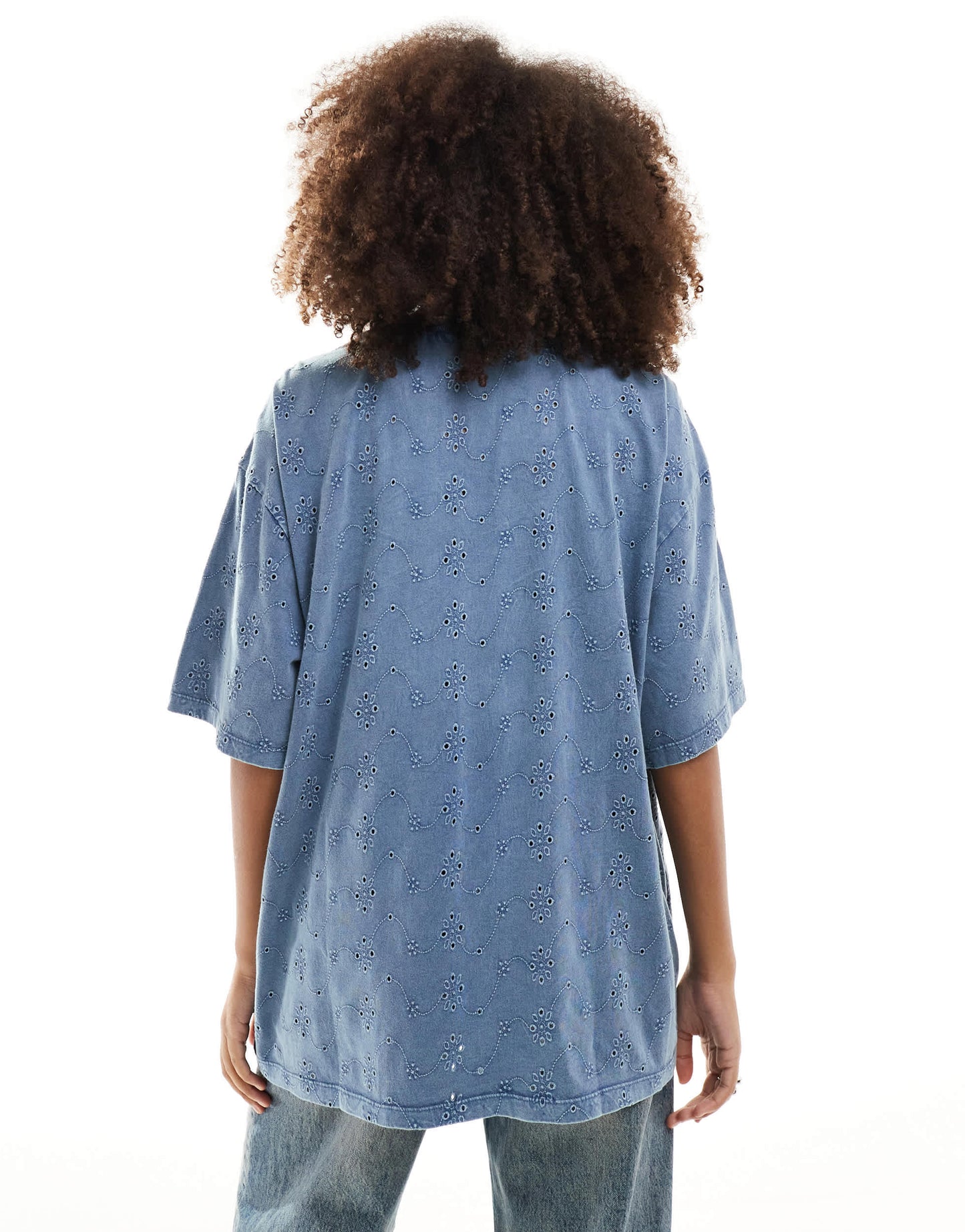 ASOS DESIGN broderie patchwork oversized T-shirt in washed blue