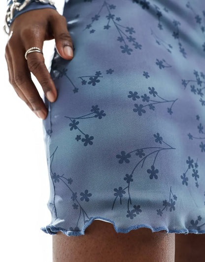 Daisy Street bow detail mini skirt in blue floral mesh co-ord
