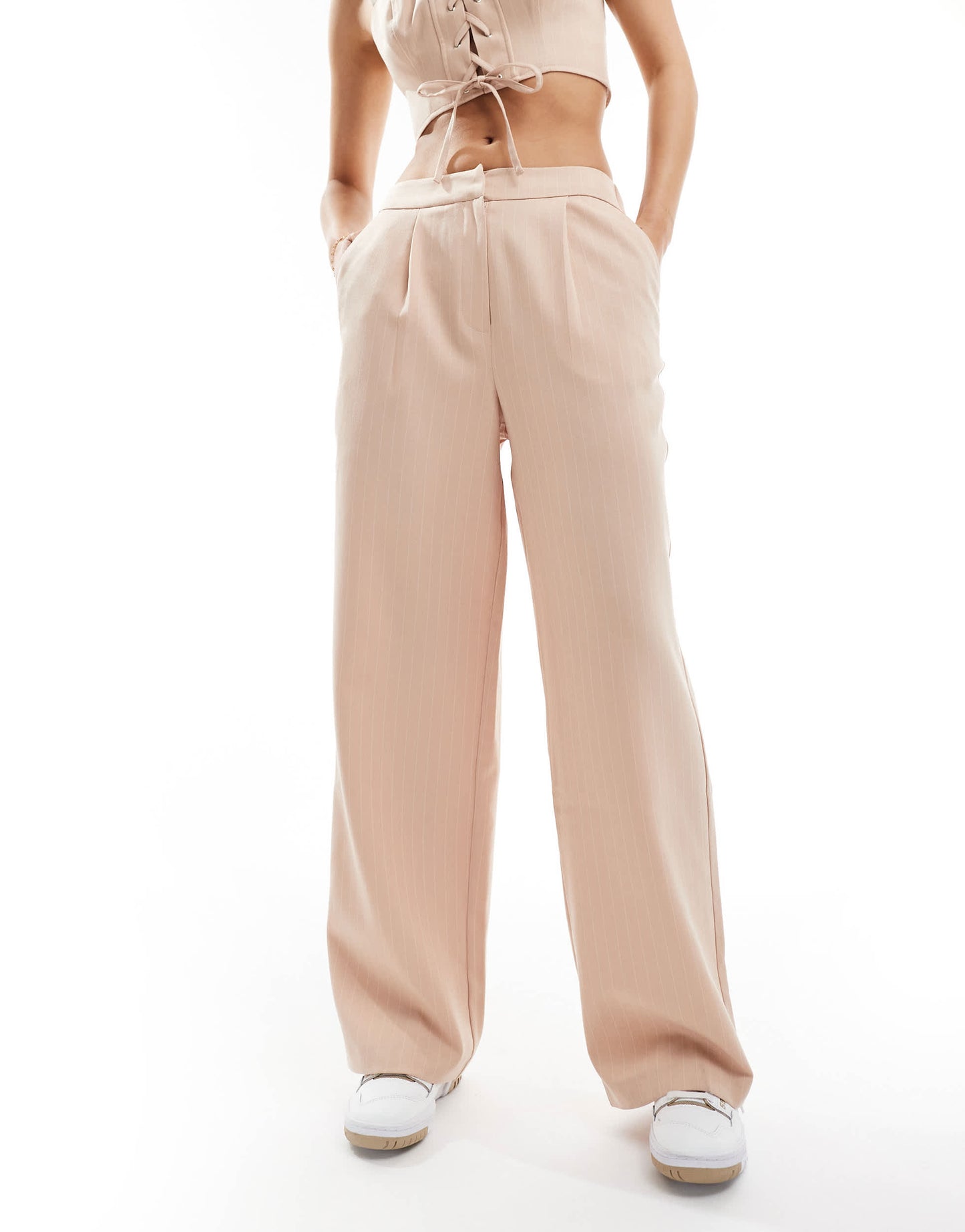 Miss Selfridge tailored wide leg pull on trouser in pink pinstripe co ord