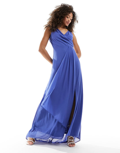 TFNC Bridesmaid chiffon maxi dress with split front in aster blue