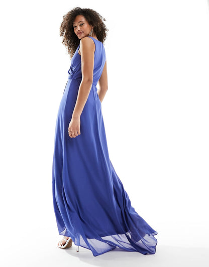 TFNC Bridesmaid chiffon maxi dress with split front in aster blue