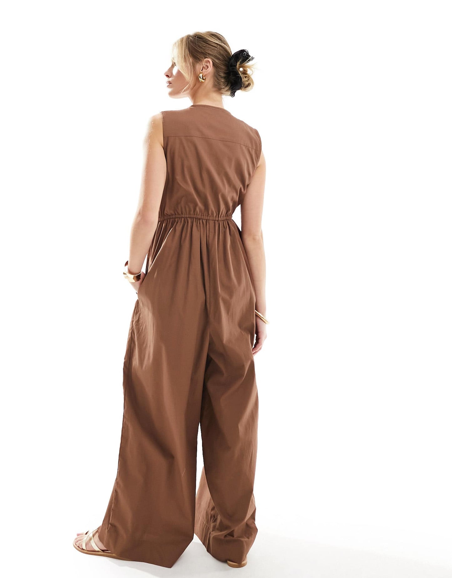 ASOS DESIGN shirred shoulder tie waist wide leg jumpsuit in chocolate