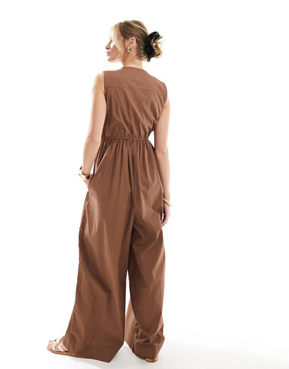 ASOS DESIGN shirred shoulder tie waist wide leg jumpsuit in chocolate