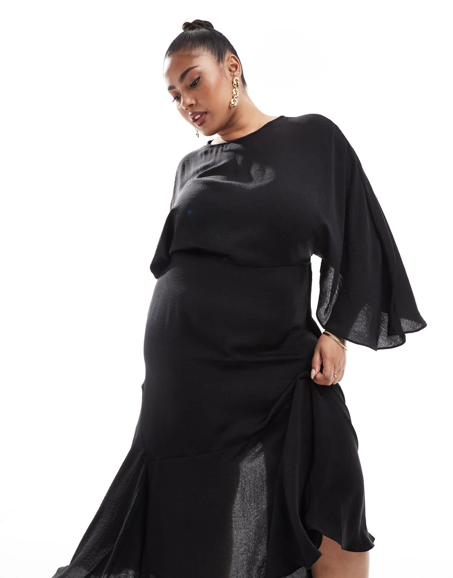 ASOS DESIGN Curve satin flutter sleeve asymmetric hem midi dress in black