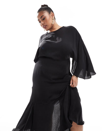 ASOS DESIGN Curve satin flutter sleeve asymmetric hem midi dress in black