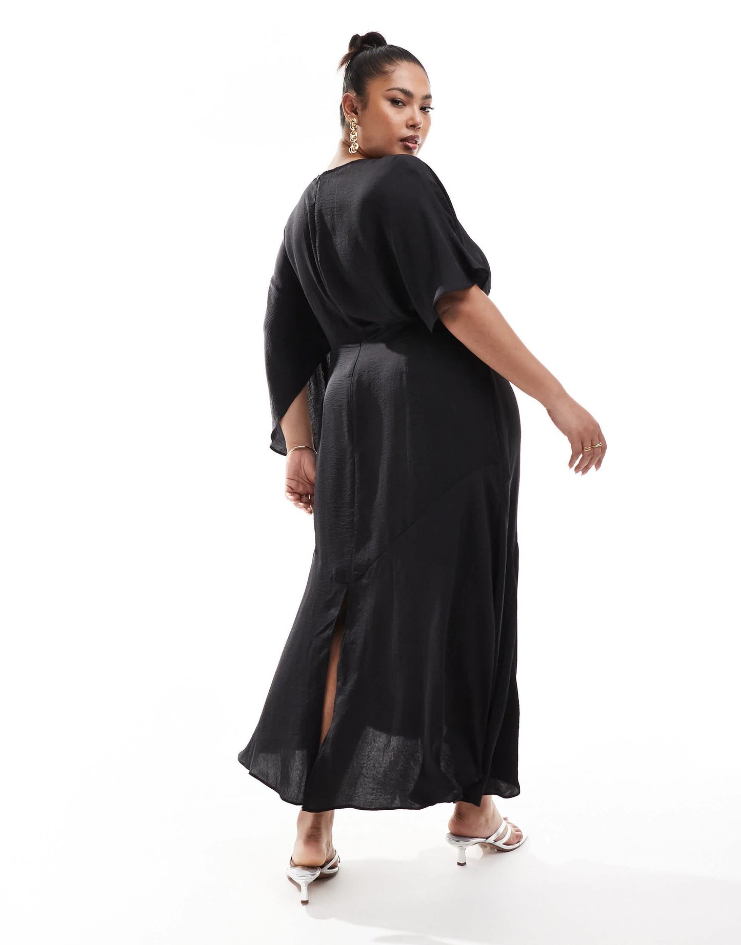 ASOS DESIGN Curve satin flutter sleeve asymmetric hem midi dress in black