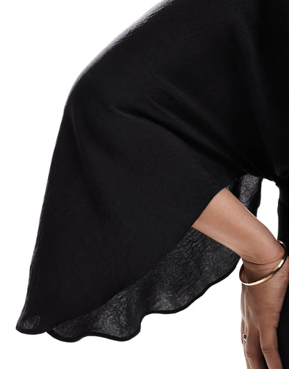ASOS DESIGN Curve satin flutter sleeve asymmetric hem midi dress in black