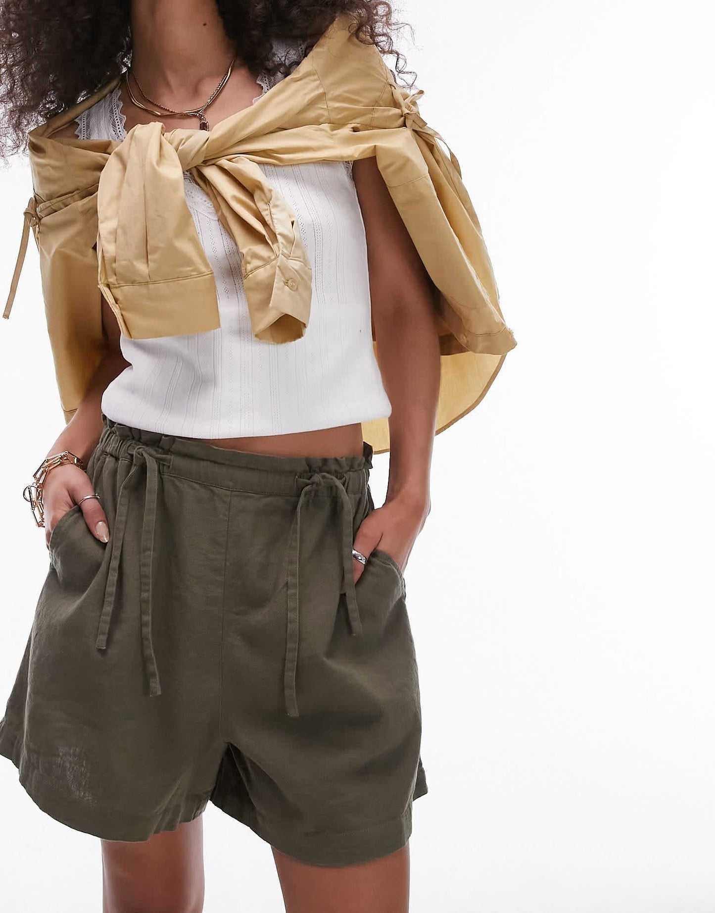 Topshop linen tie front short in khaki