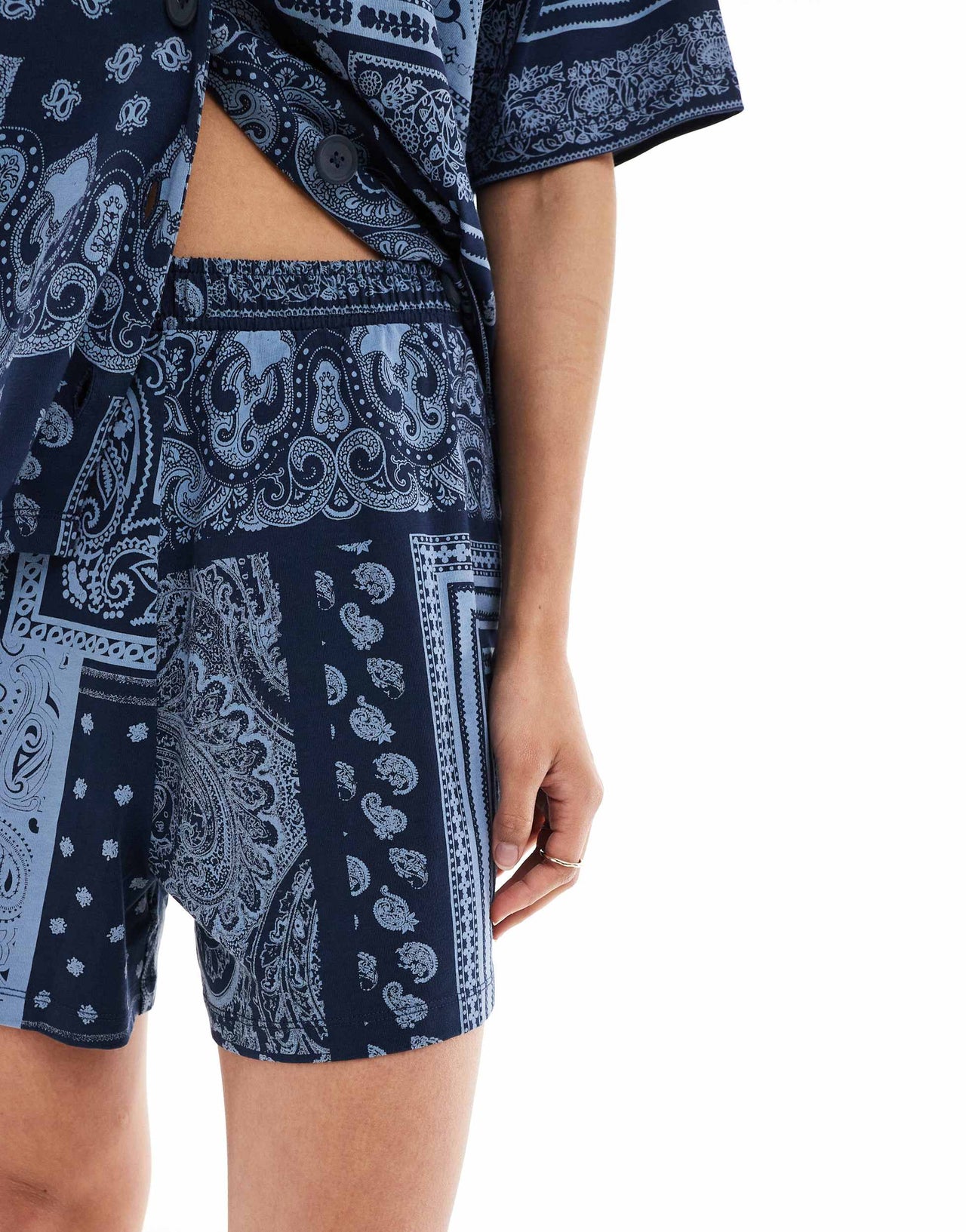 ASOS DESIGN longline short co-ord in navy bandana print