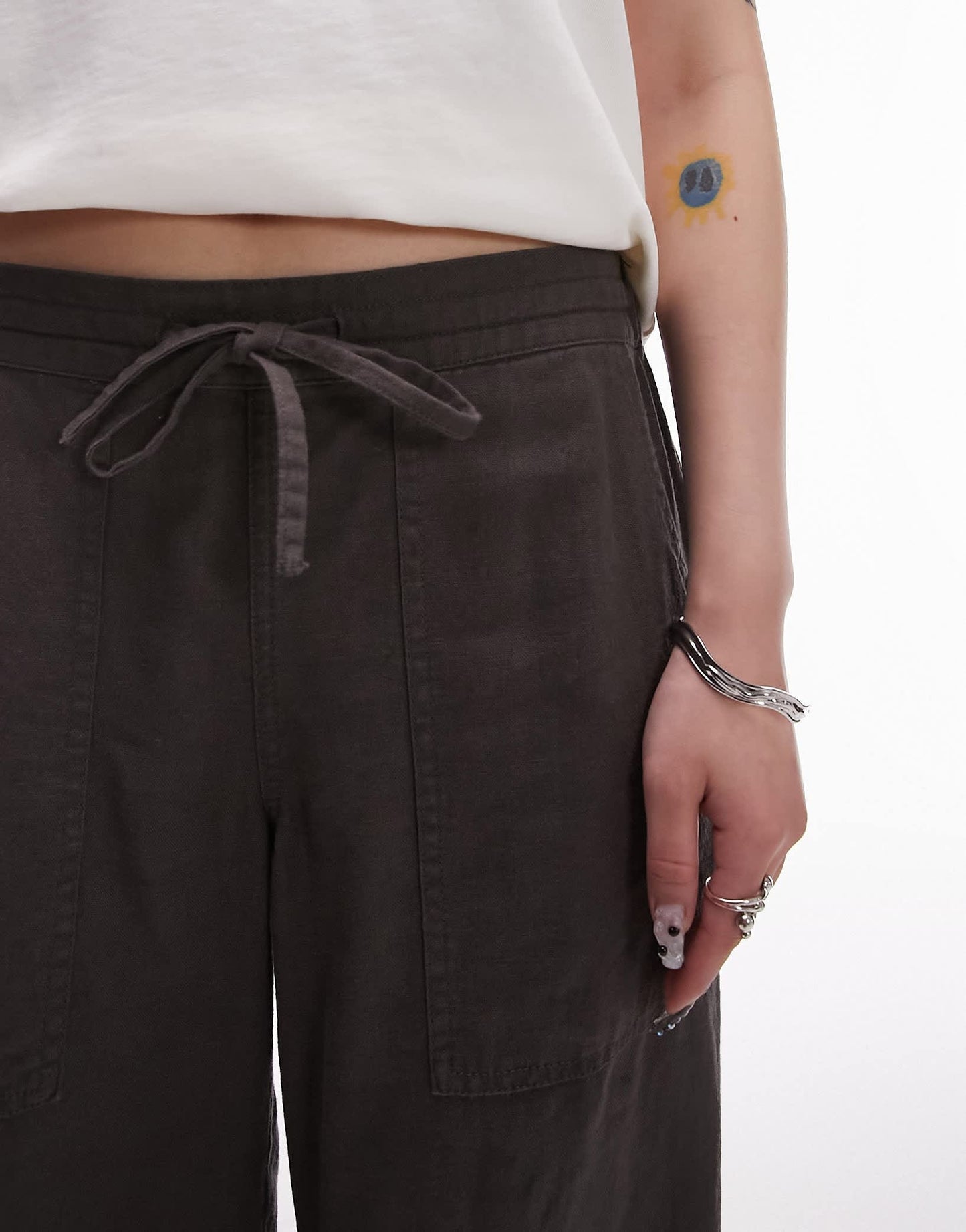 Topshop petite linen low rise draw cord waist straight leg trouser in charcoal