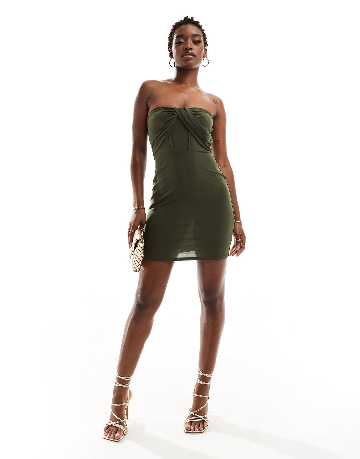 ASOS DESIGN drape twist front bandeau with rouleaux strapping and mesh mini dress in khaki