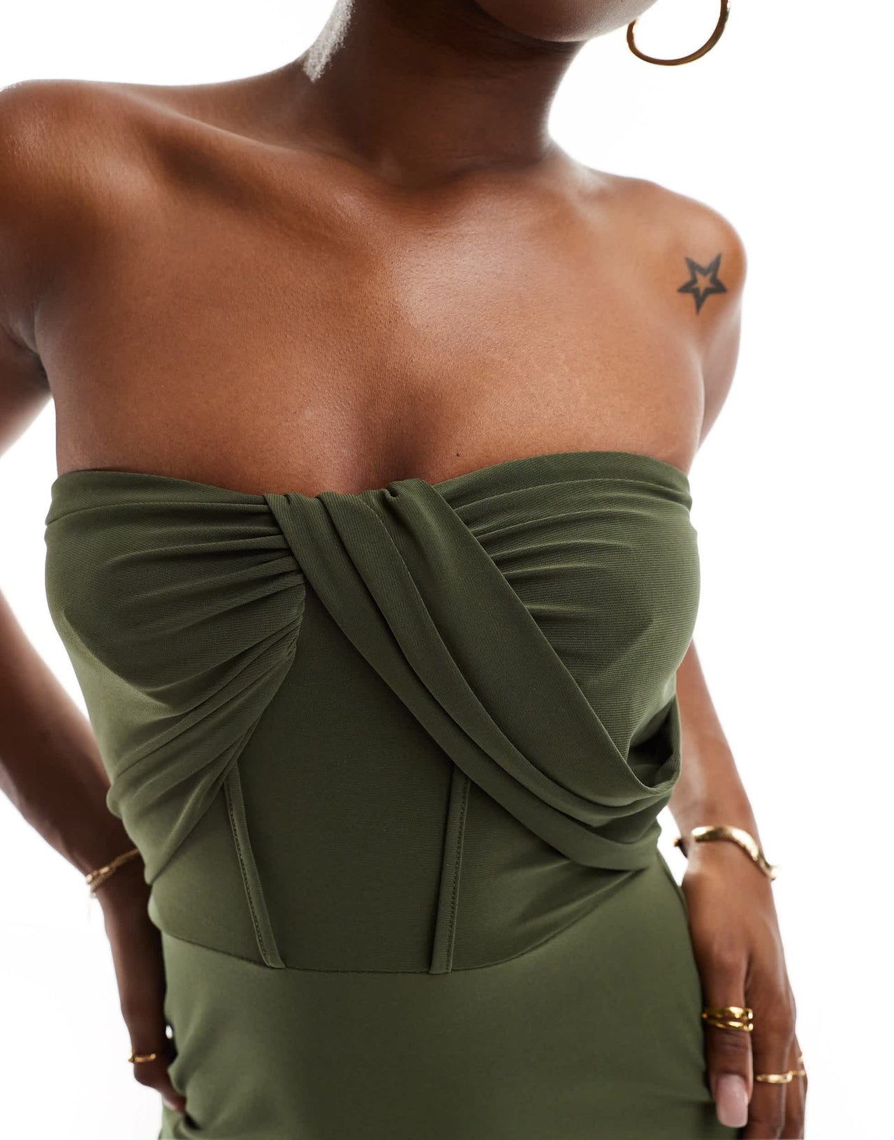 ASOS DESIGN drape twist front bandeau with rouleaux strapping and mesh mini dress in khaki
