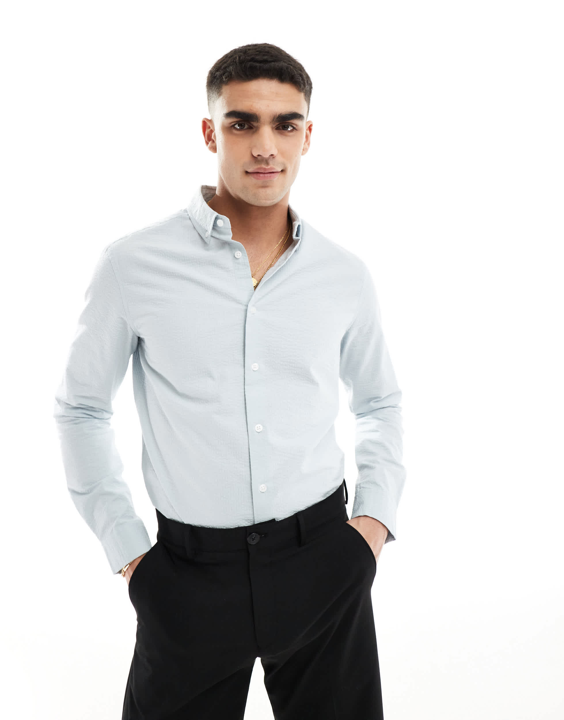 ASOS DESIGN regular seersucker shirt in sage green