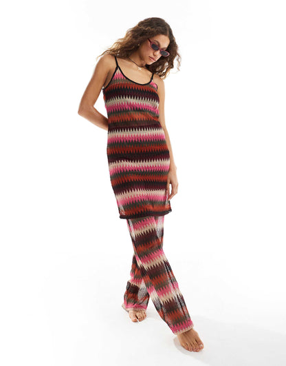 Noisy May crochet beach tunic co-ord in pink stripe