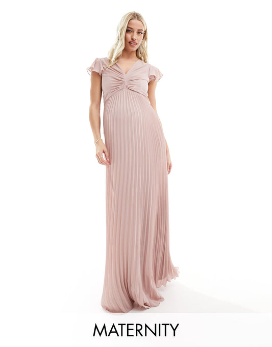 TFNC Maternity Bridesmaid chiffonmaxi dress with flutter sleeve and pleated skirt in soft pink
