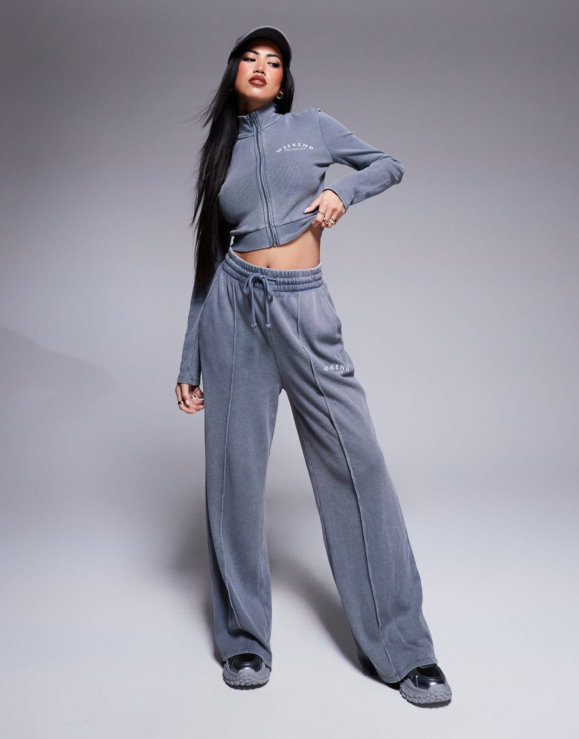 Weekend Collective co-ord waffle wide leg jogger with logo in acid washed grey
