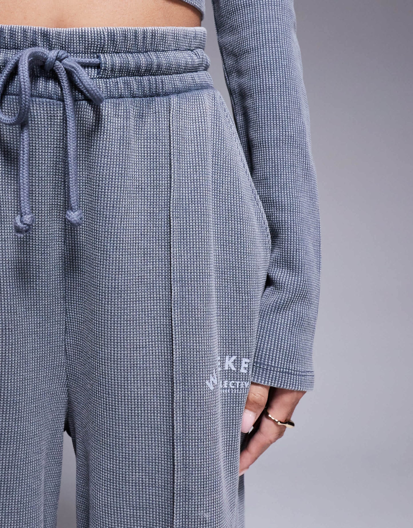 Weekend Collective co-ord waffle wide leg jogger with logo in acid washed grey
