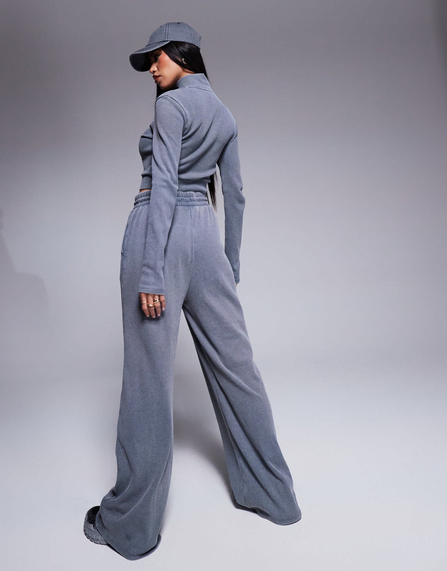 Weekend Collective co-ord waffle wide leg jogger with logo in acid washed grey