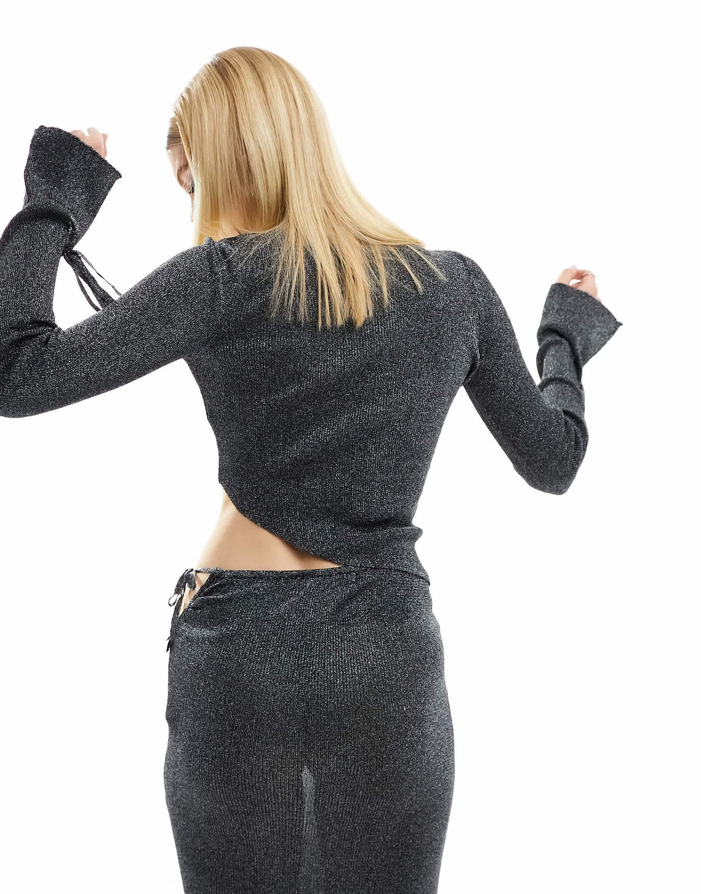 Bershka knitted asymetric hem jumper co-ord in black glitter