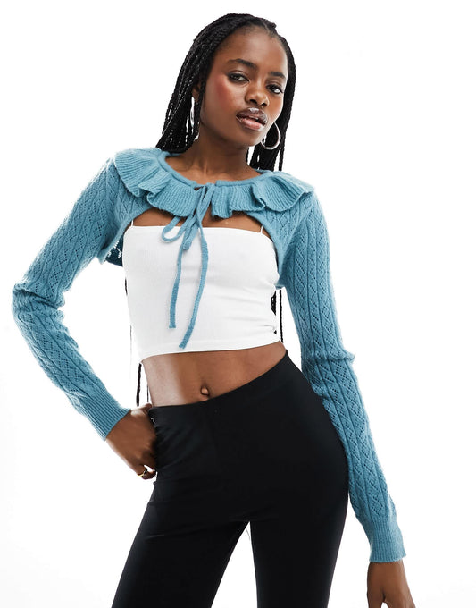 Motel ruffle pointelle knitted shrug in duck egg blue