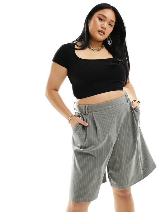 ASOS DESIGN Curve tailored longline short in grey stripe