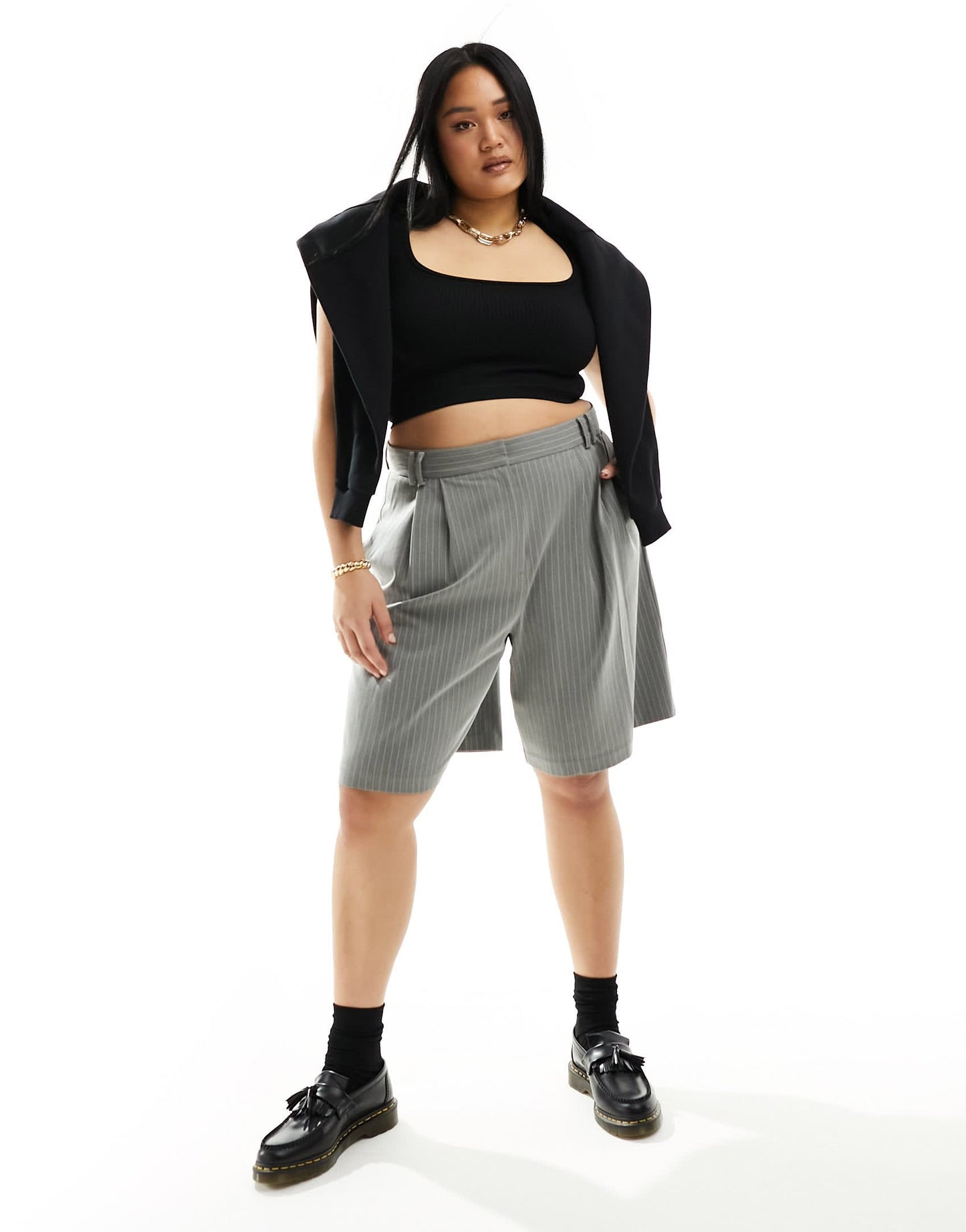 ASOS DESIGN Curve tailored longline short in grey stripe