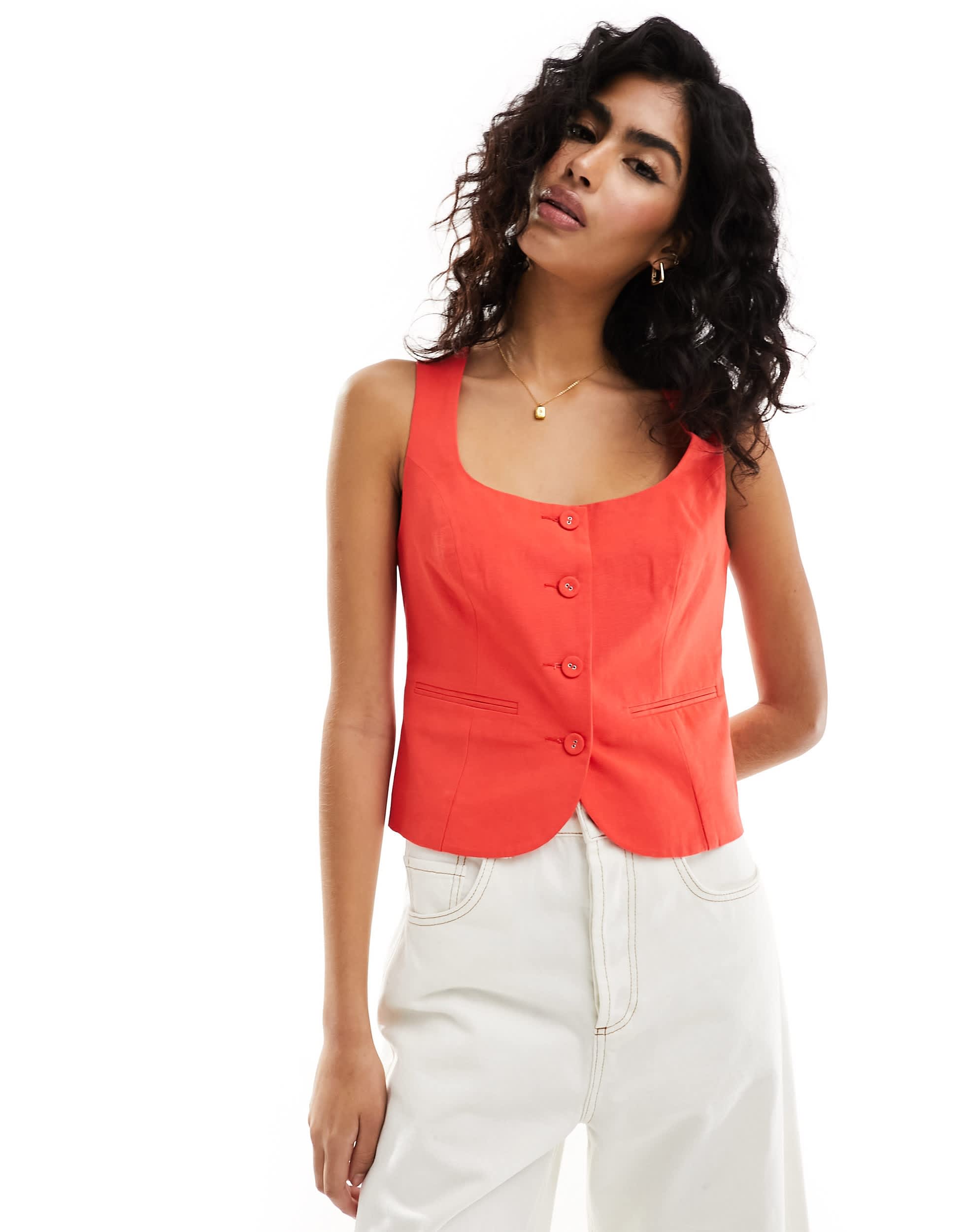 ASOS DESIGN scoop neck waistcoat with linen in red