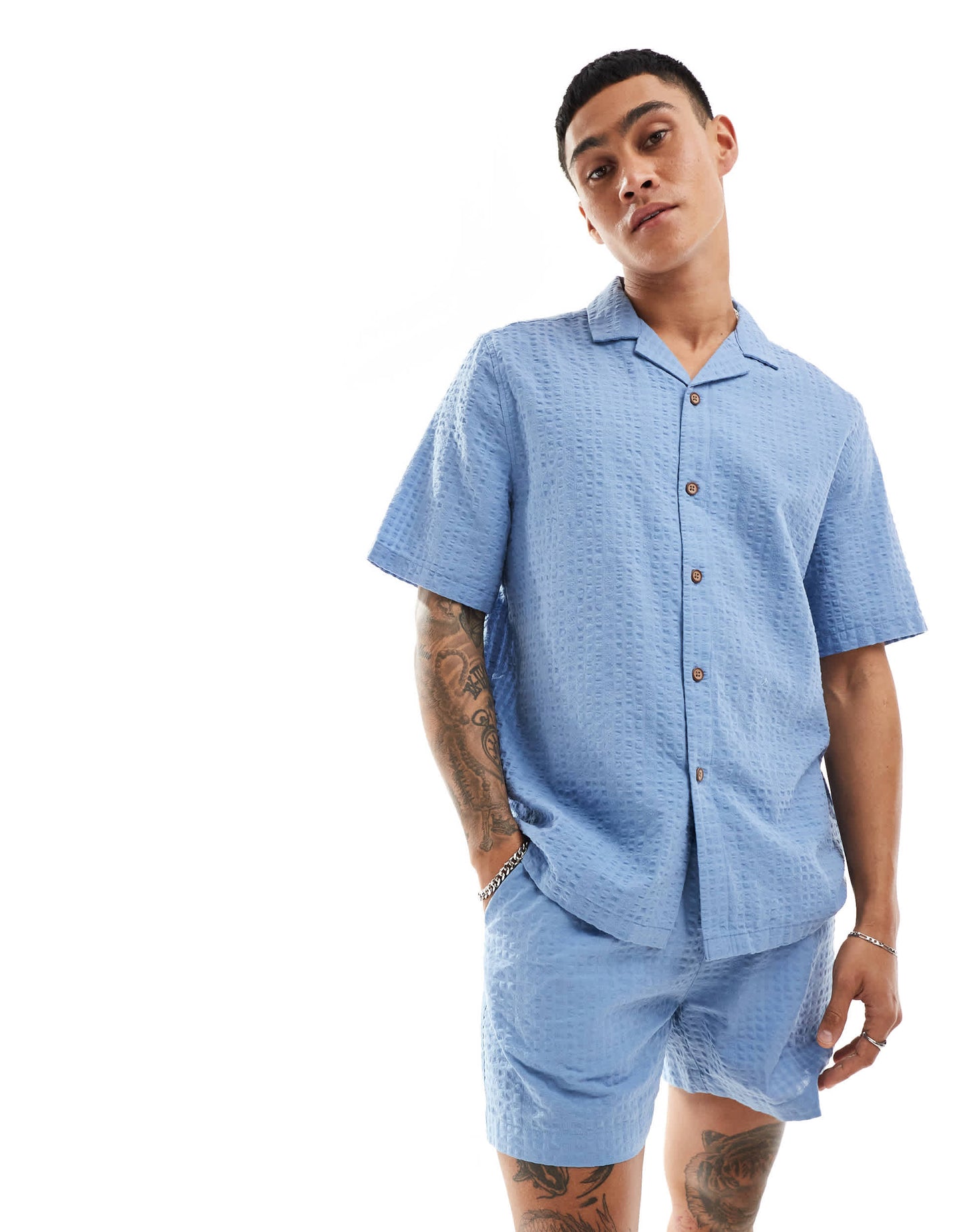 ASOS DESIGN co-ord 90s oversized short sleeve shirt in seersucker texture in dusty blue