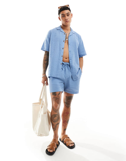 ASOS DESIGN co-ord 90s oversized short sleeve shirt in seersucker texture in dusty blue