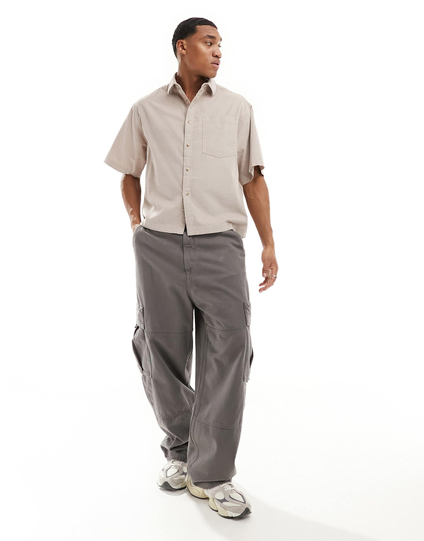 ASOS DESIGN short sleeve boxy oversized cropped shirt in cord in stone