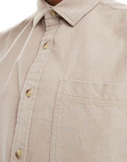 ASOS DESIGN short sleeve boxy oversized cropped shirt in cord in stone