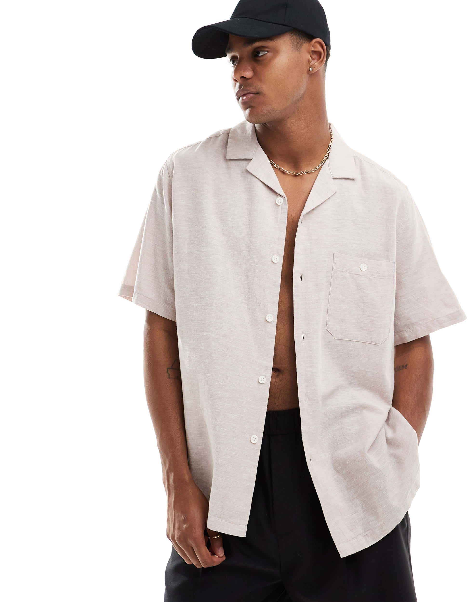 ASOS DESIGN relaxed linen blend shirt with revere collar in light pink