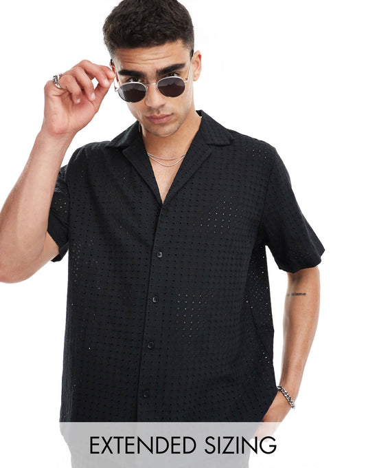 ASOS DESIGN co-ord relaxed revere collar broderie shirt in black