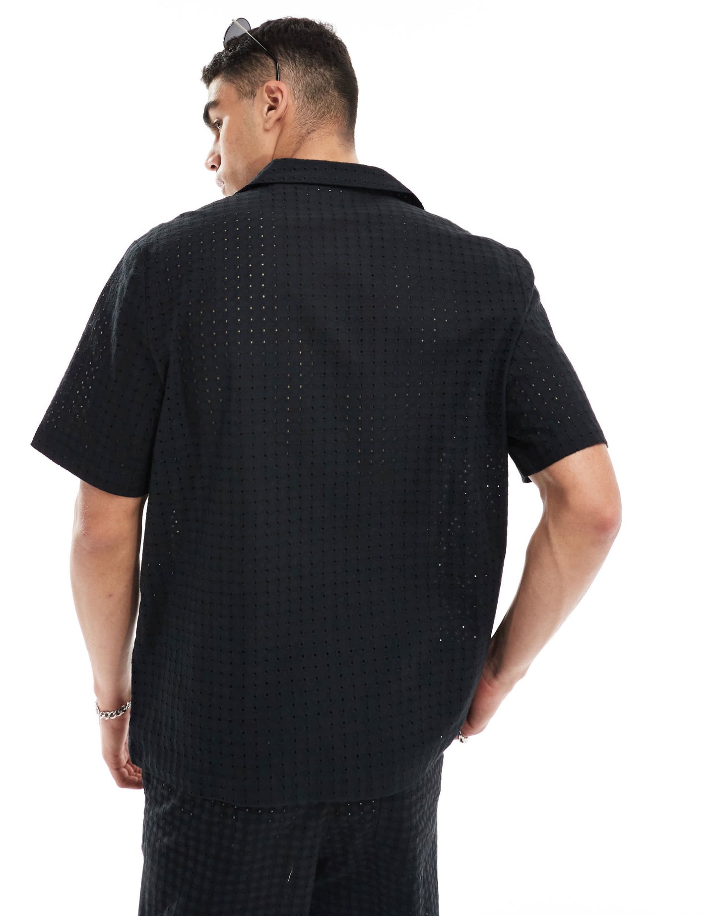 ASOS DESIGN co-ord relaxed revere collar broderie shirt in black