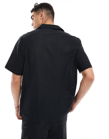 ASOS DESIGN co-ord relaxed revere collar broderie shirt in black