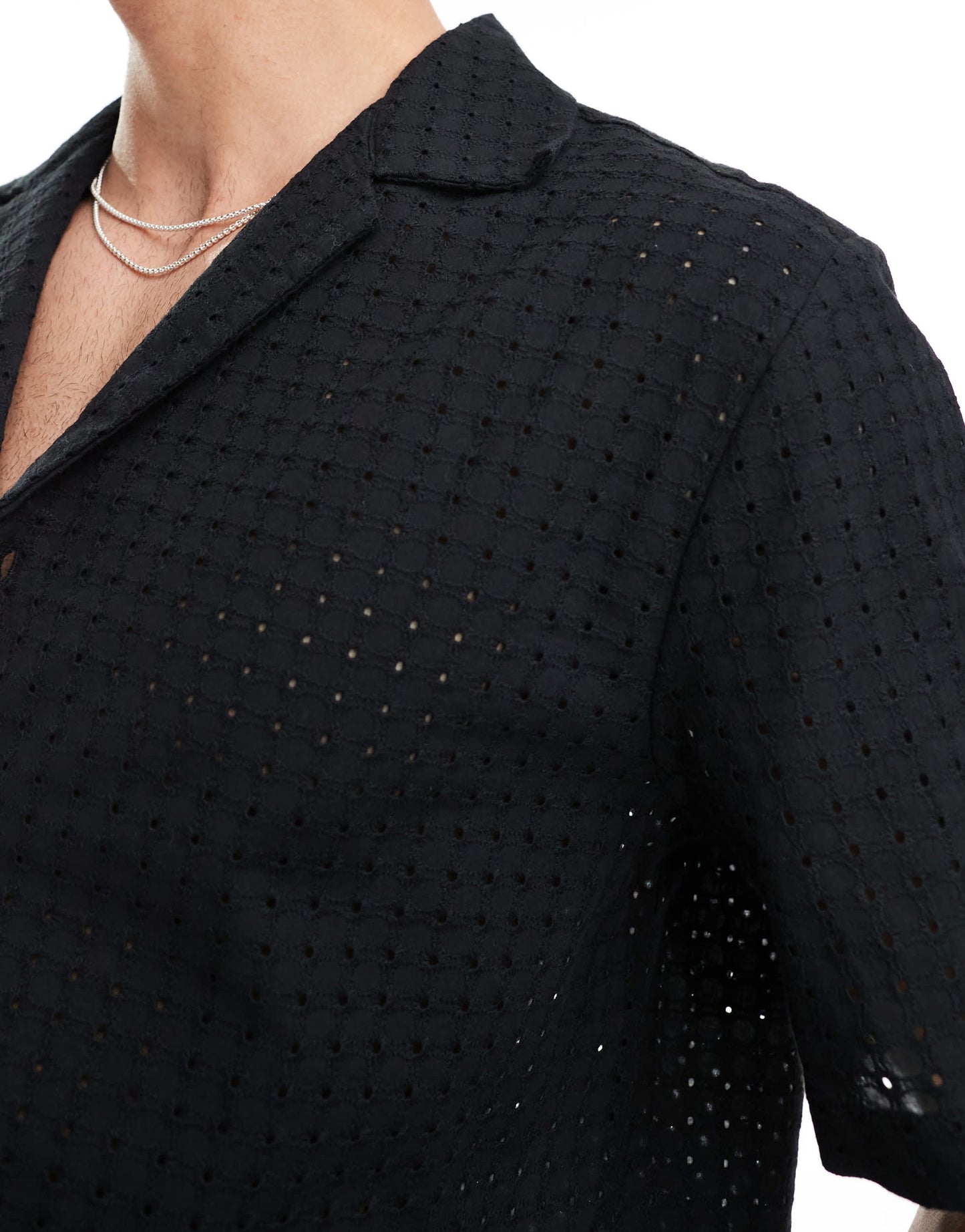 ASOS DESIGN co-ord relaxed revere collar broderie shirt in black