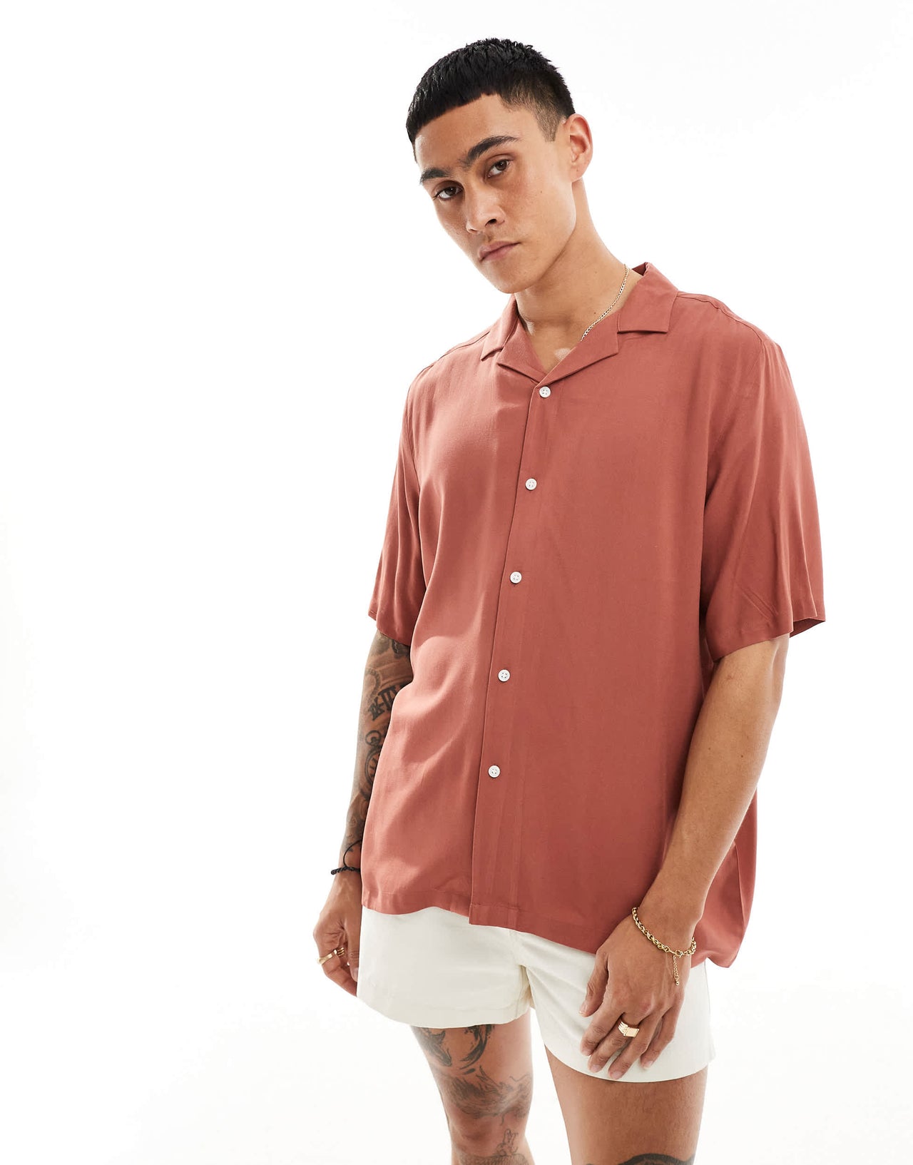ASOS DESIGN relaxed fit viscose shirt with revere collar in rust brown