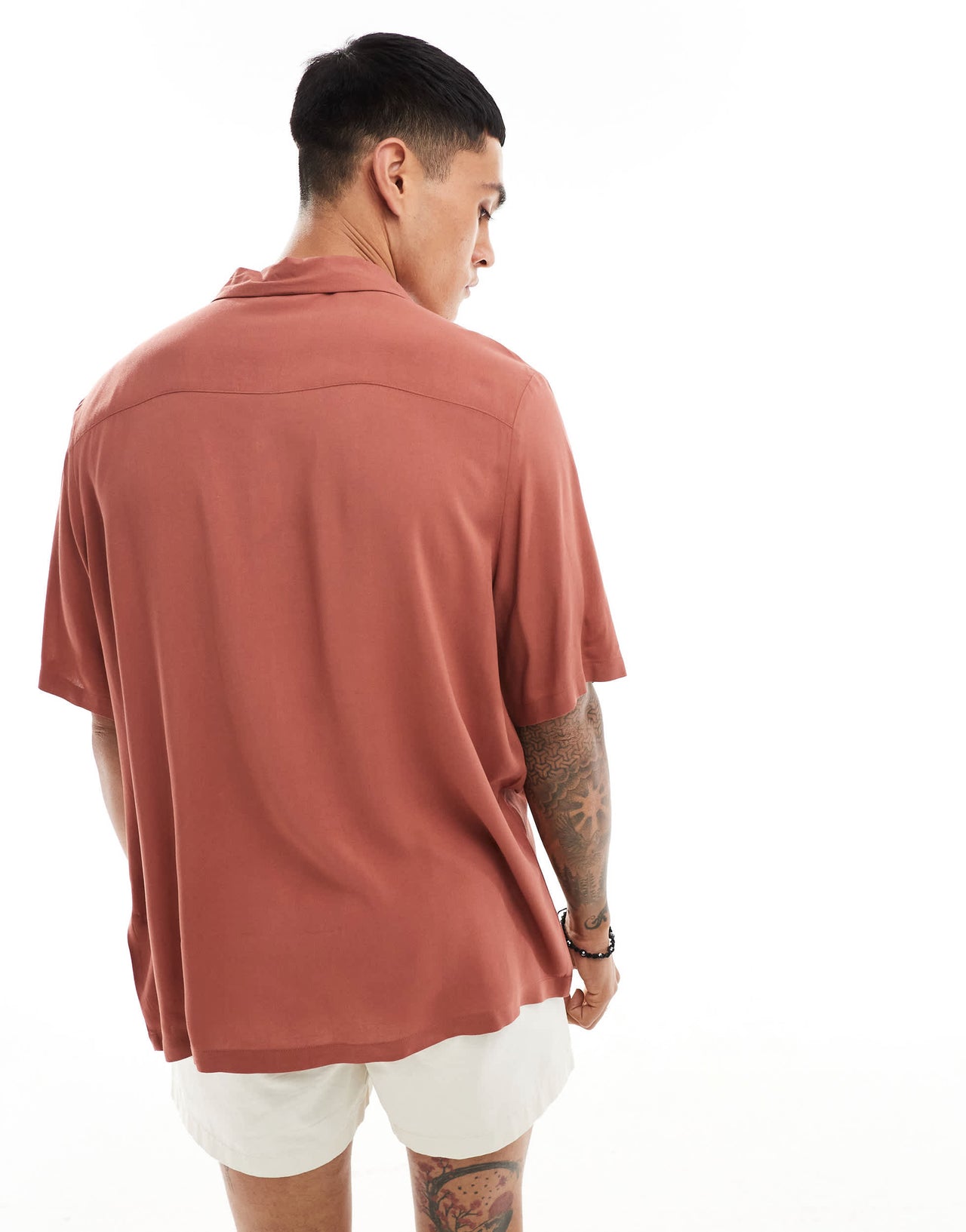 ASOS DESIGN relaxed fit viscose shirt with revere collar in rust brown