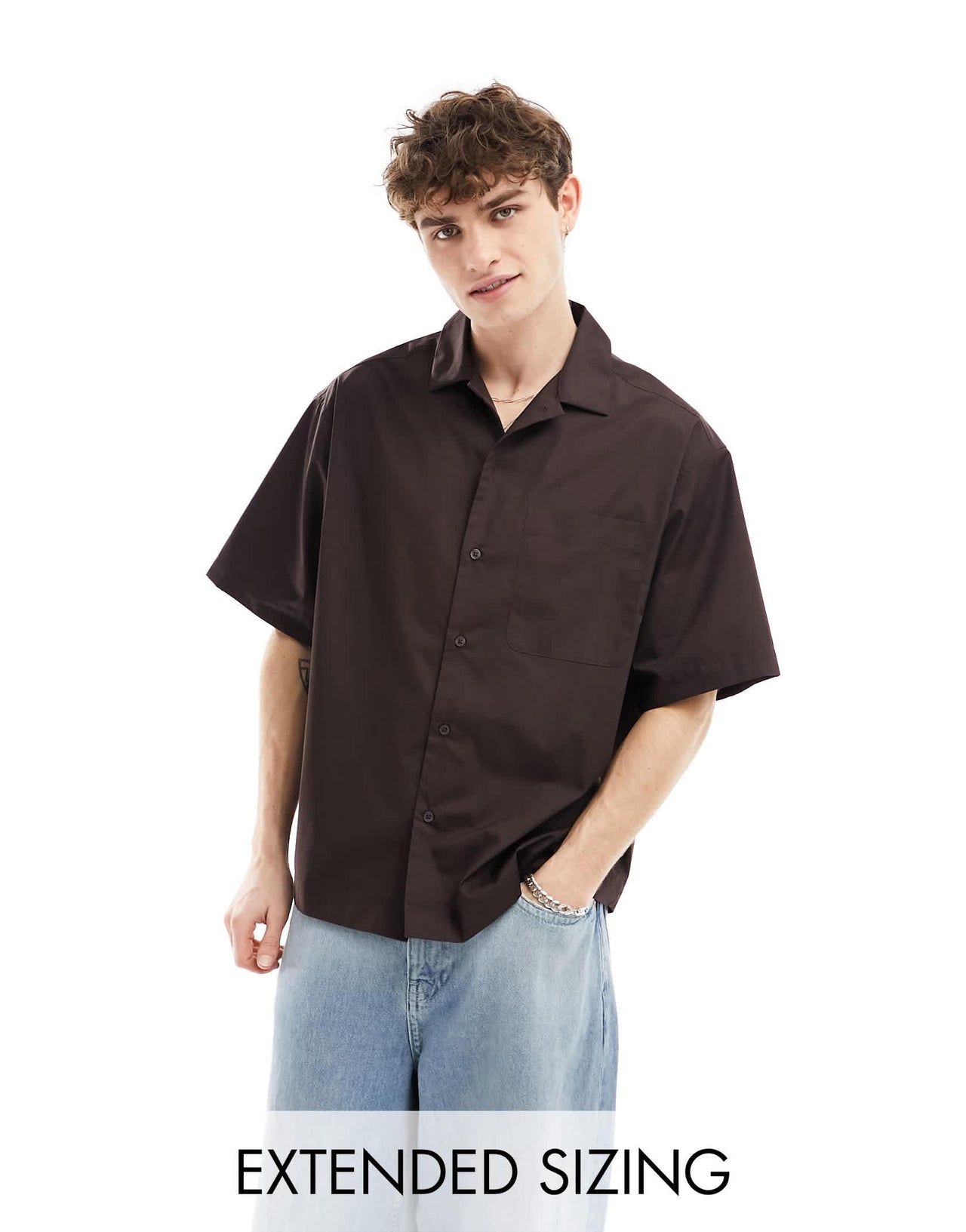 ASOS DESIGN short sleeve oversized poplin shirt in dark brown