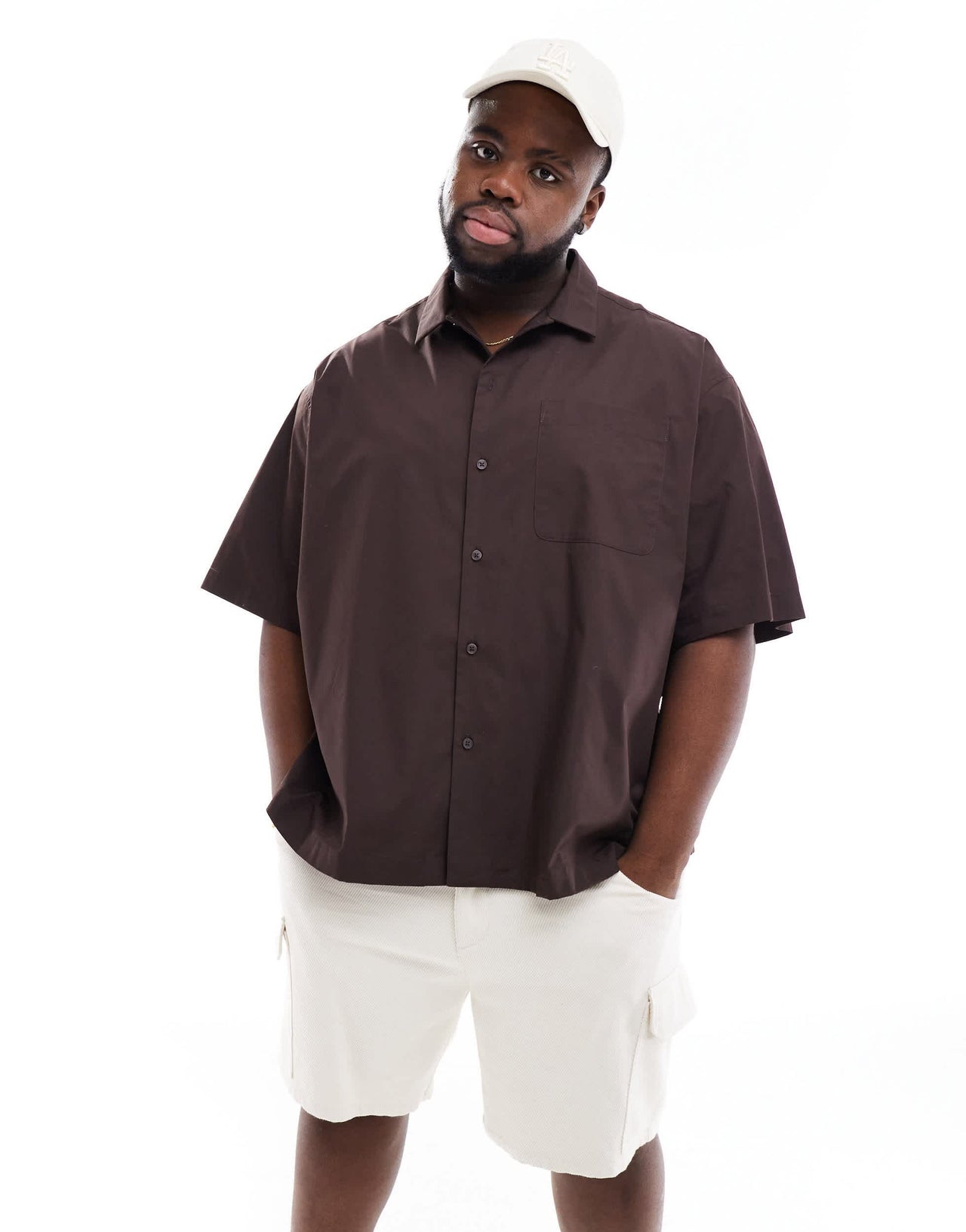 ASOS DESIGN short sleeve oversized poplin shirt in dark brown