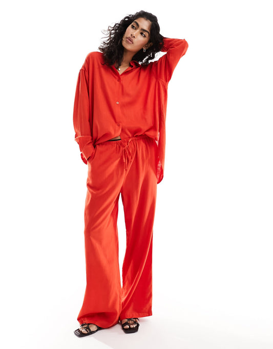 ASOS DESIGN wide leg pull on trouser with linen in red
