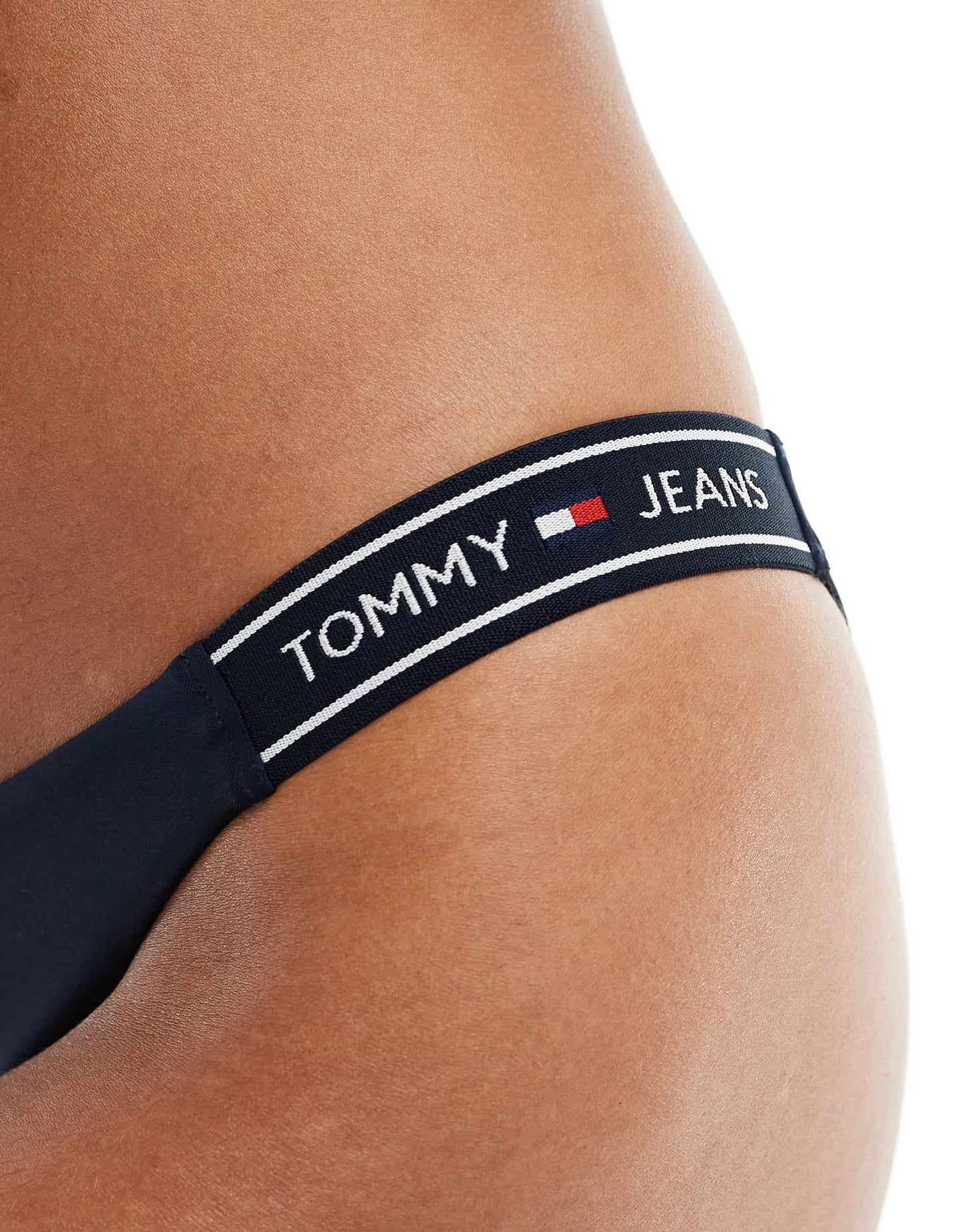 Tommy Jeans logo taping high leg cheeky bikini bottom in navy