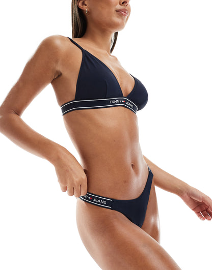 Tommy Jeans logo taping high leg cheeky bikini bottom in navy