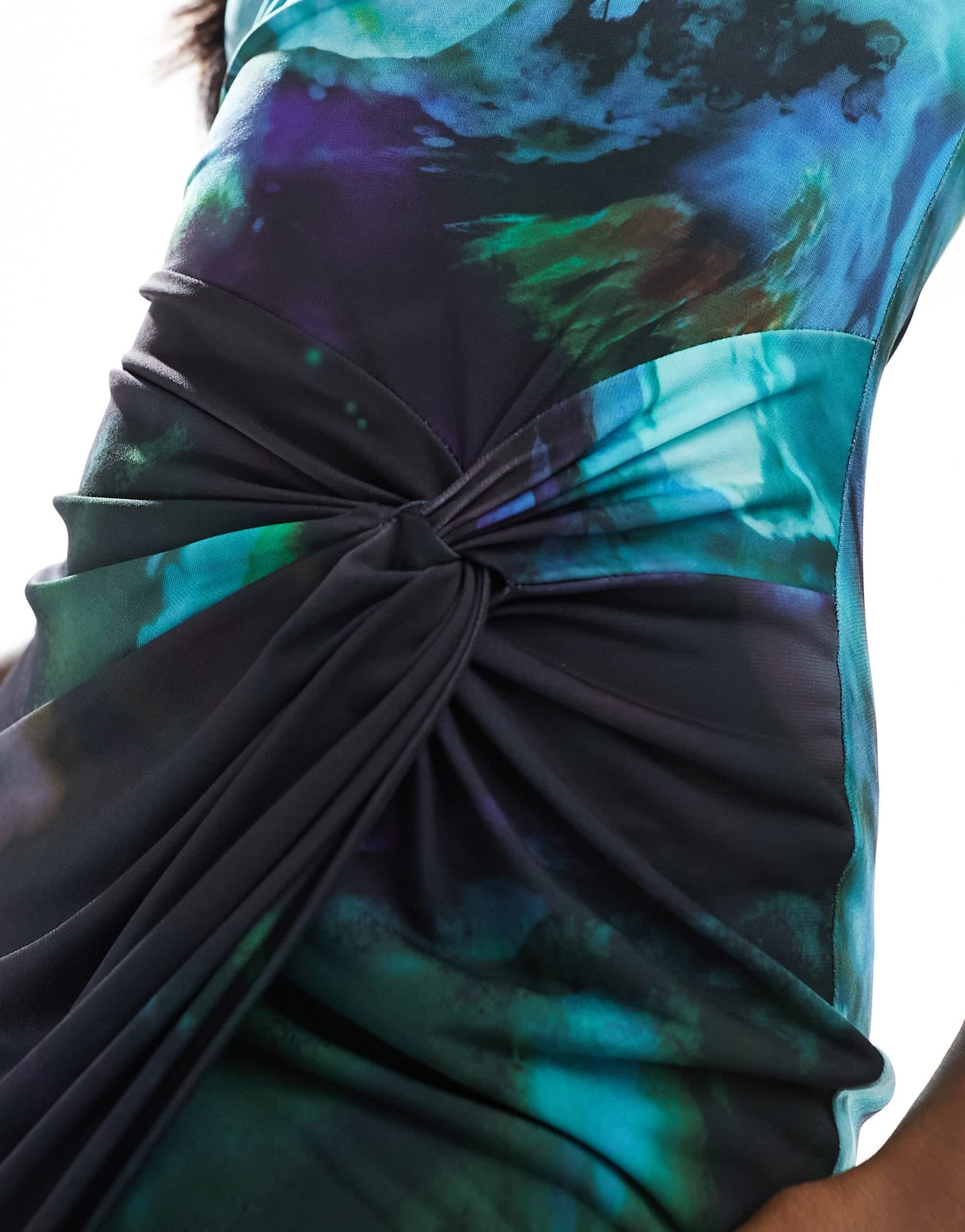 Flounce London knot front split leg maxi dress in blur print