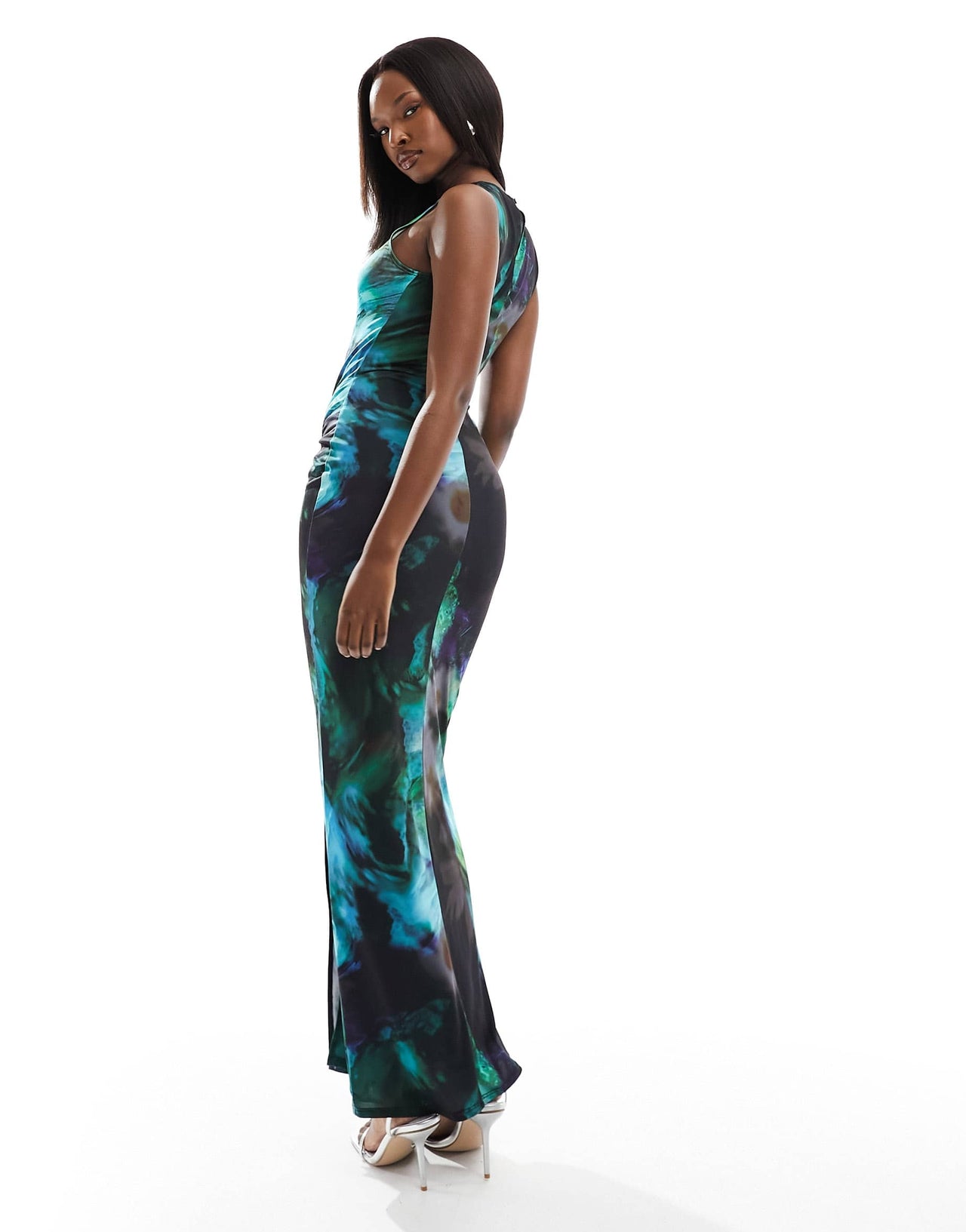 Flounce London knot front split leg maxi dress in blur print